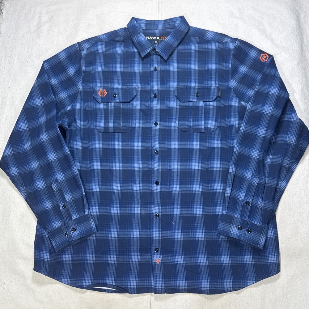 Hawx FR Flame Resistant Work Gear Mens XXL Plaid Long Sleeve Shirt Navy Blue NEW